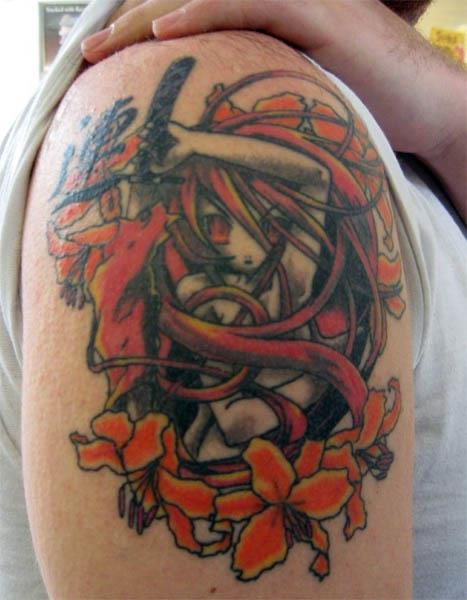 This anime tattoo features Shana from Shakugan no Shana holding a katana and