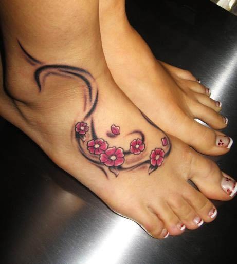 cherry blossom tribal foot tattoo Cherry Blossom Tribal Foot Tattoo