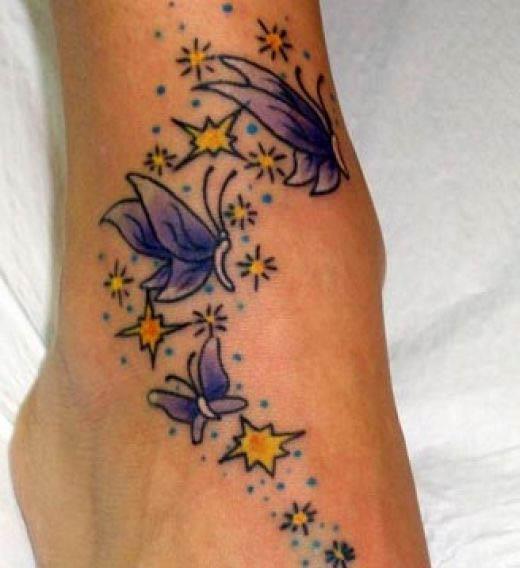 Purple Butterflies and Yellow Stars Foot Tattoo « Ink Art Tattoos
