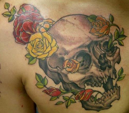 skull red yellow roses tattoo Skull with Red and Yellow Roses Tattoo