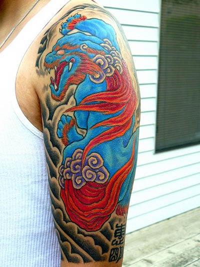 blue red food dog tattoo sleeve Red and Blue Foo Dog Tattoo Sleeve