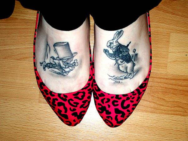 white rabbit mad hatter feet tattoos Ink in Wonderland: 25 Mad Alice in Wonderland Tattoos