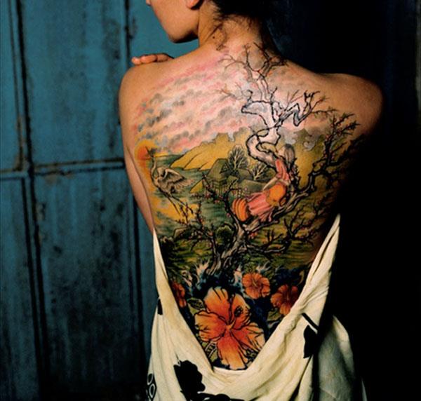 cherry blossom tree girl crane back tattoo Girl in Cherry Blossom Tree Back Tattoo