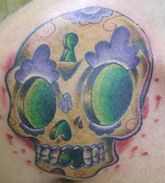 yellow purple greensugar skull tattoo Yellow Purple Green Sugar Skull Tattoo