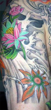 floral waves02 Foo Dog and Peony Chest Tattoos