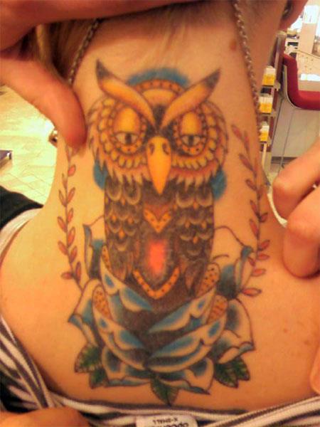 owl blue rose neck tattoo Owl & Blue Rose Neck Tattoo